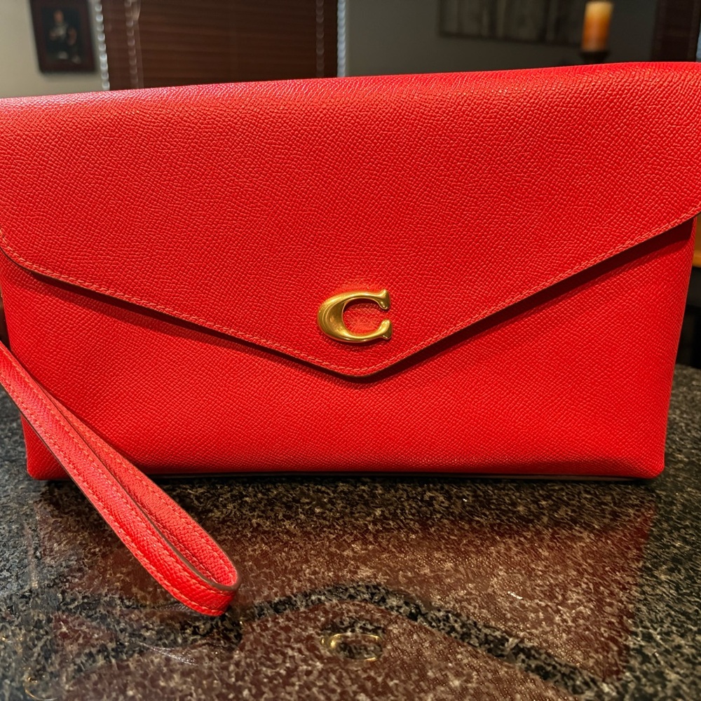 Coach Red Leather Envelope Clutch with Gold Hardware